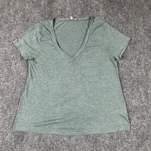 Charlotte Russe Women Sage Green Ribbed‎ V-Neck Pocket T-Shirt AH3194 Size S
